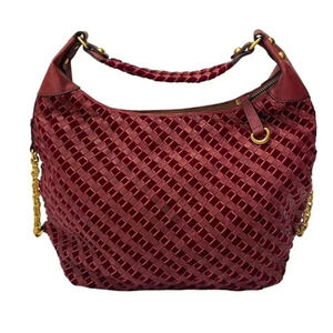 MAXX New York maroon leather + velvet weaved shoulder bag with gold chain accent